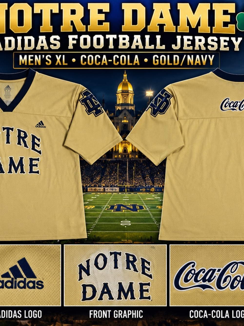 Adidas Notre Dame Fighting Irish Football Jersey Mens XL Gold Coca Cola NCAA